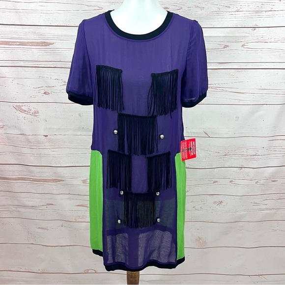 NWT Asos x Louise Gray London UK Sheer Colorblock Mod Fringe Silk Shift Dress - Picture 9 of 16